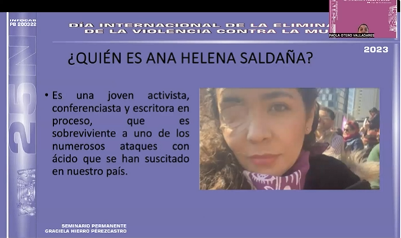 Jornada. Actividades 25N 2023. Sesión 7. Ana Helena Saldaña: El ácido que cambió el Código Penal. 